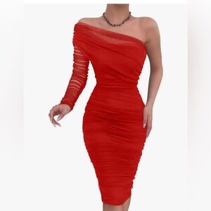 One Shoulder Ruched midi bodycon